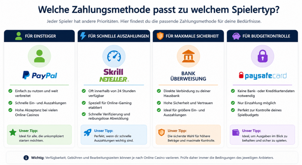Infografik zeigt die passende Zahlungsmethode für Einsteiger, schnelle Auszahlungen, maximale Sicherheit und Budgetkontrolle im Online Casino.