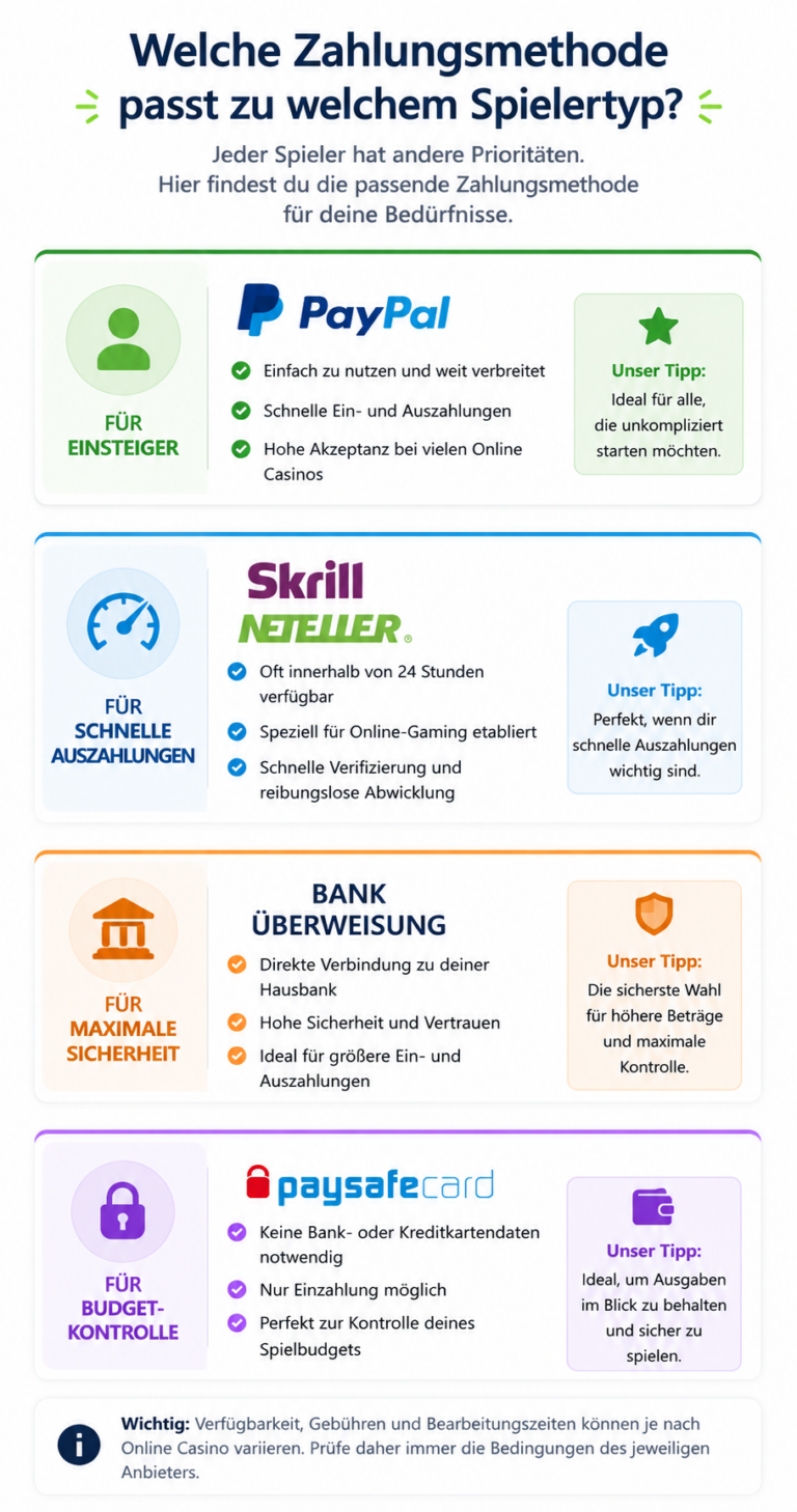 Infografik zeigt die passende Zahlungsmethode für Einsteiger, schnelle Auszahlungen, maximale Sicherheit und Budgetkontrolle im Online Casino.